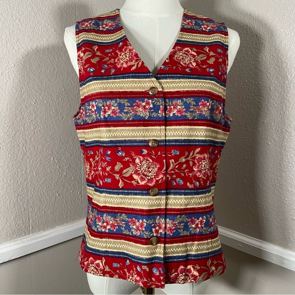 Vtg Talbots Red Floral Striped Button Up Vest Size Small - Picture 6 of 8